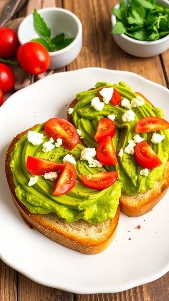 A plate of avocado toast with mashed avocado, cherry tomatoes, and feta cheese on toasted bread.